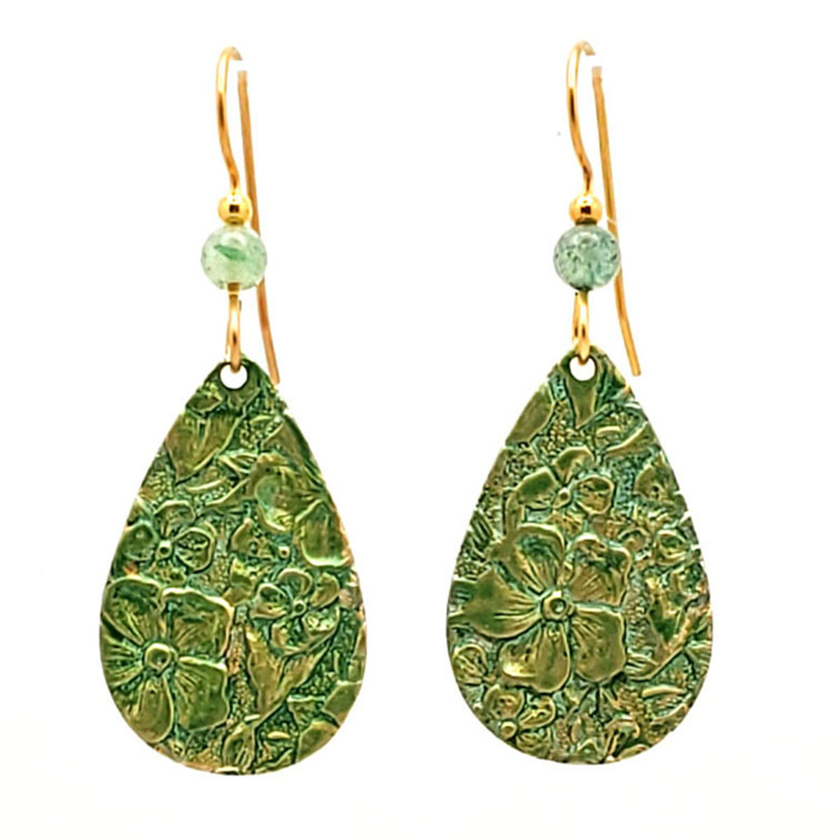 Silver Forest Floral Texture Soft Green Teardrop Dangle Earrings