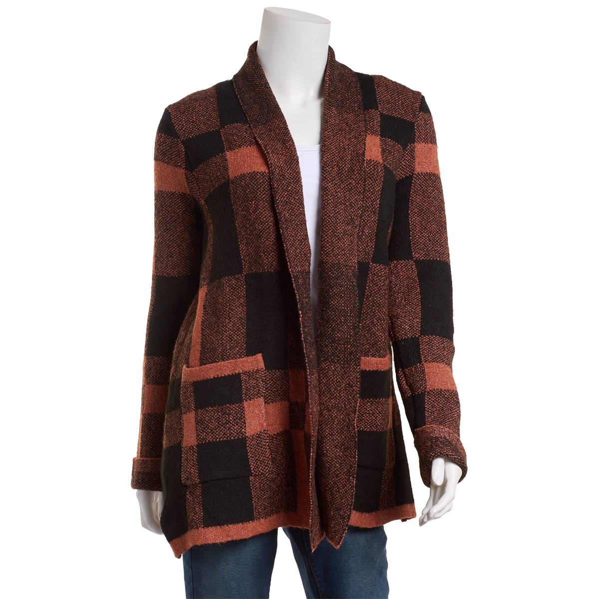 Petite Preswick & Moore(R) Long Sleeve Plaid Open Cardigan - Auburn