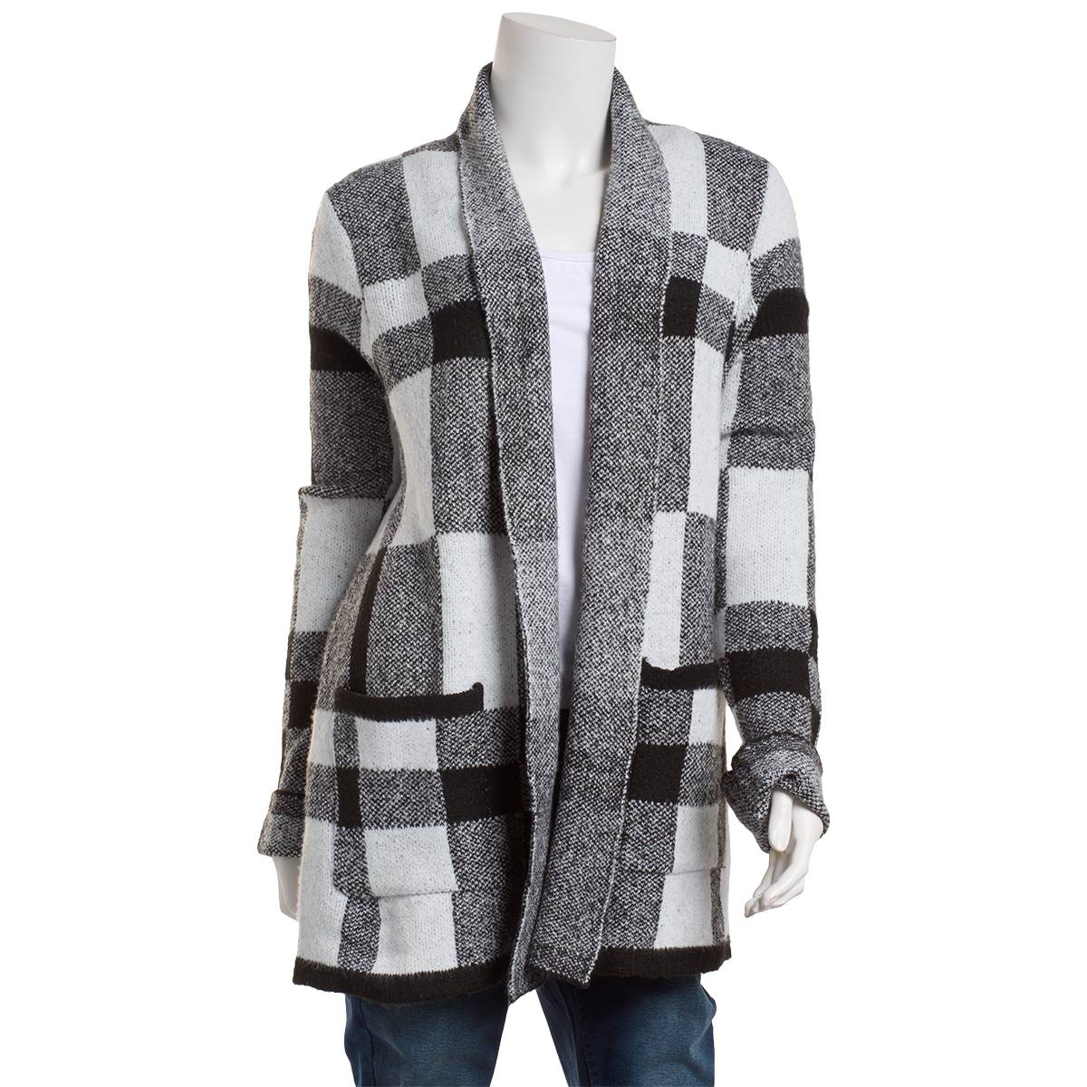 Womens Preswick & Moore(R) Long Sleeve Plaid Open Cardigan - White