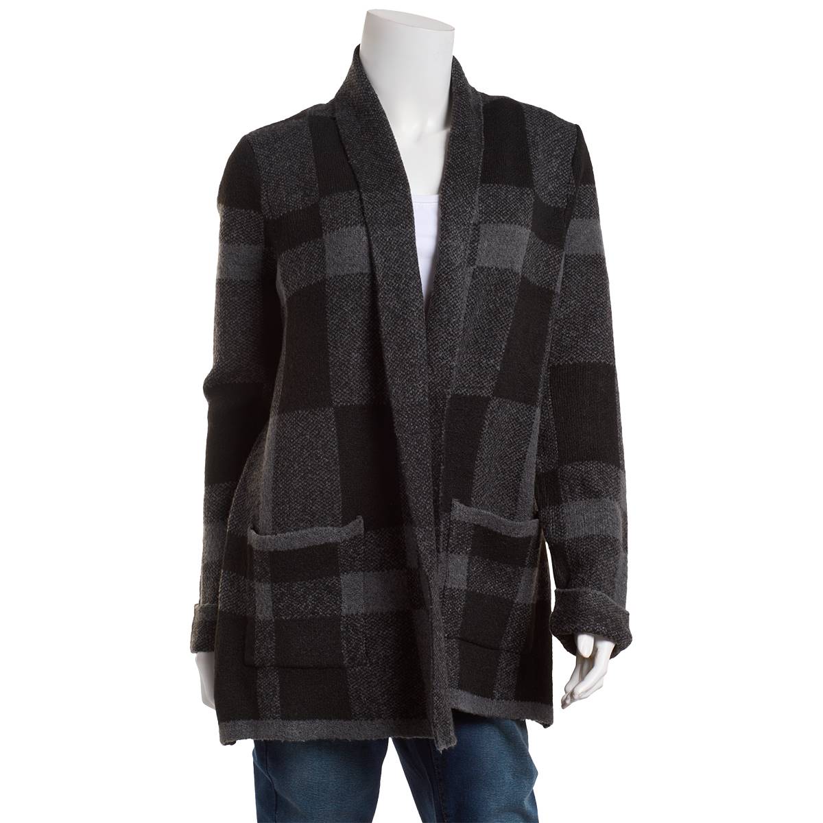 Womens Preswick & Moore(R) Long Sleeve Plaid Open Cardigan - Black