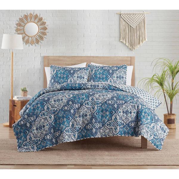 Indigo Ink White Denin Blue Reversible Medallion Boho Quilt Set