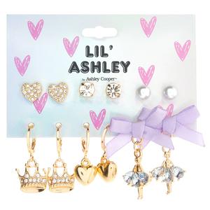 Kids Lil' Ashley 6pr. Hearts/Crowns/Ballerina Earrings Set