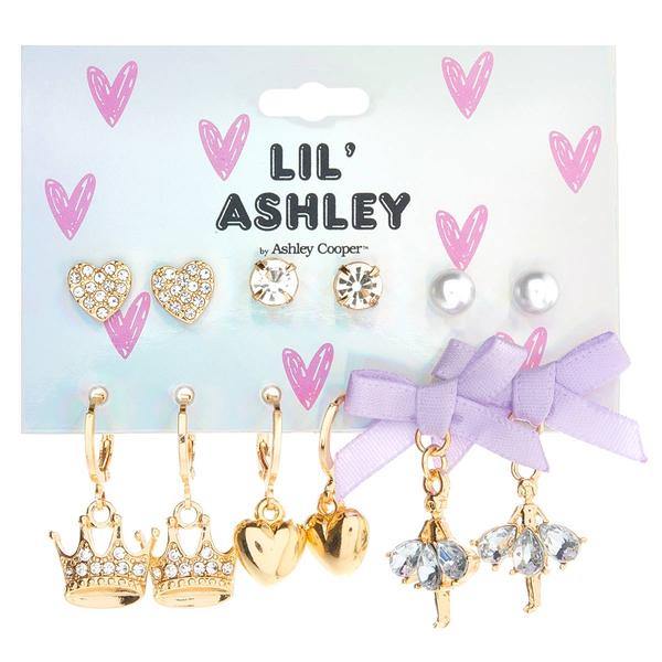 Kids Lil' Ashley 6pr. Hearts/Crowns/Ballerina Earrings Set