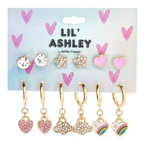 Kids Lil' Ashley 6pr. Hearts/Stars/Rainbows/Clouds Earrings Set