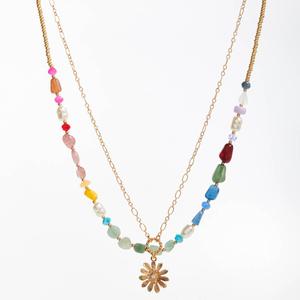 Ashley Flower Pendant Layered Stone Bead Necklace