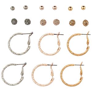 Ashley 6pr. Two-Tone Studs/Crystal Balls/Hoop Earrings