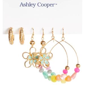 Ashley Cooper(tm) Floral Drop/Textured & Beaded Hoop Earring Set