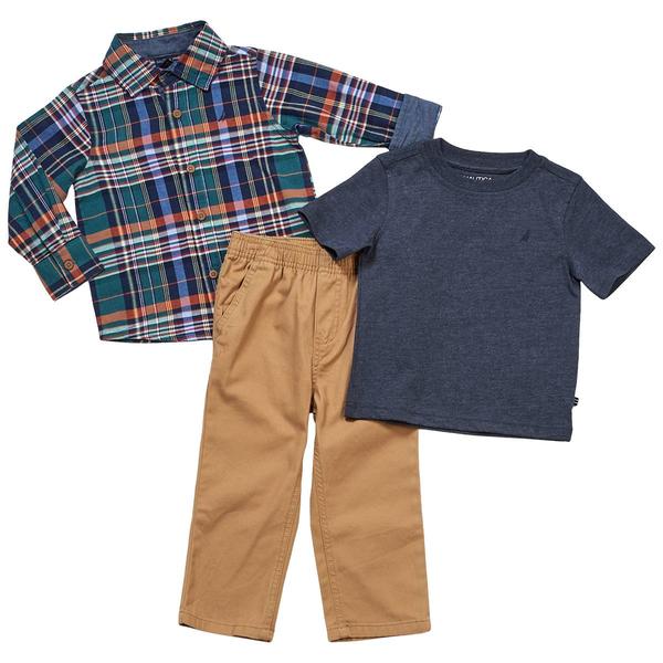 Toddler Boy Nautica 3pc. Plaid Button Front Tee & Pants Set