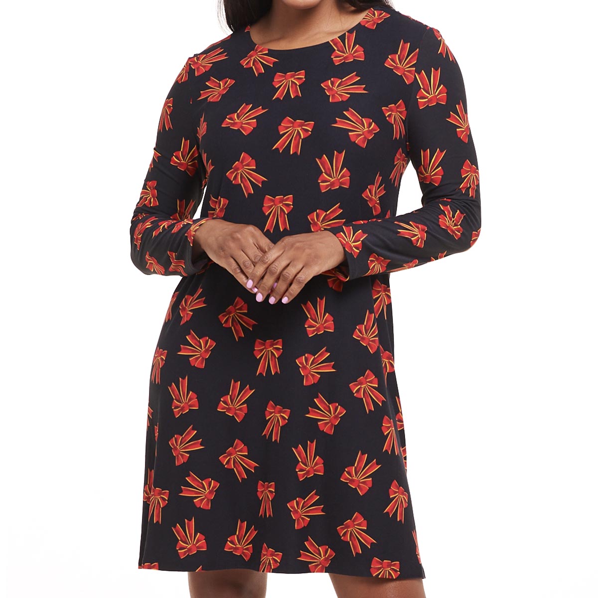 Womens Harlow & Rose Long Sleeve Holiday Bows Shift Dress