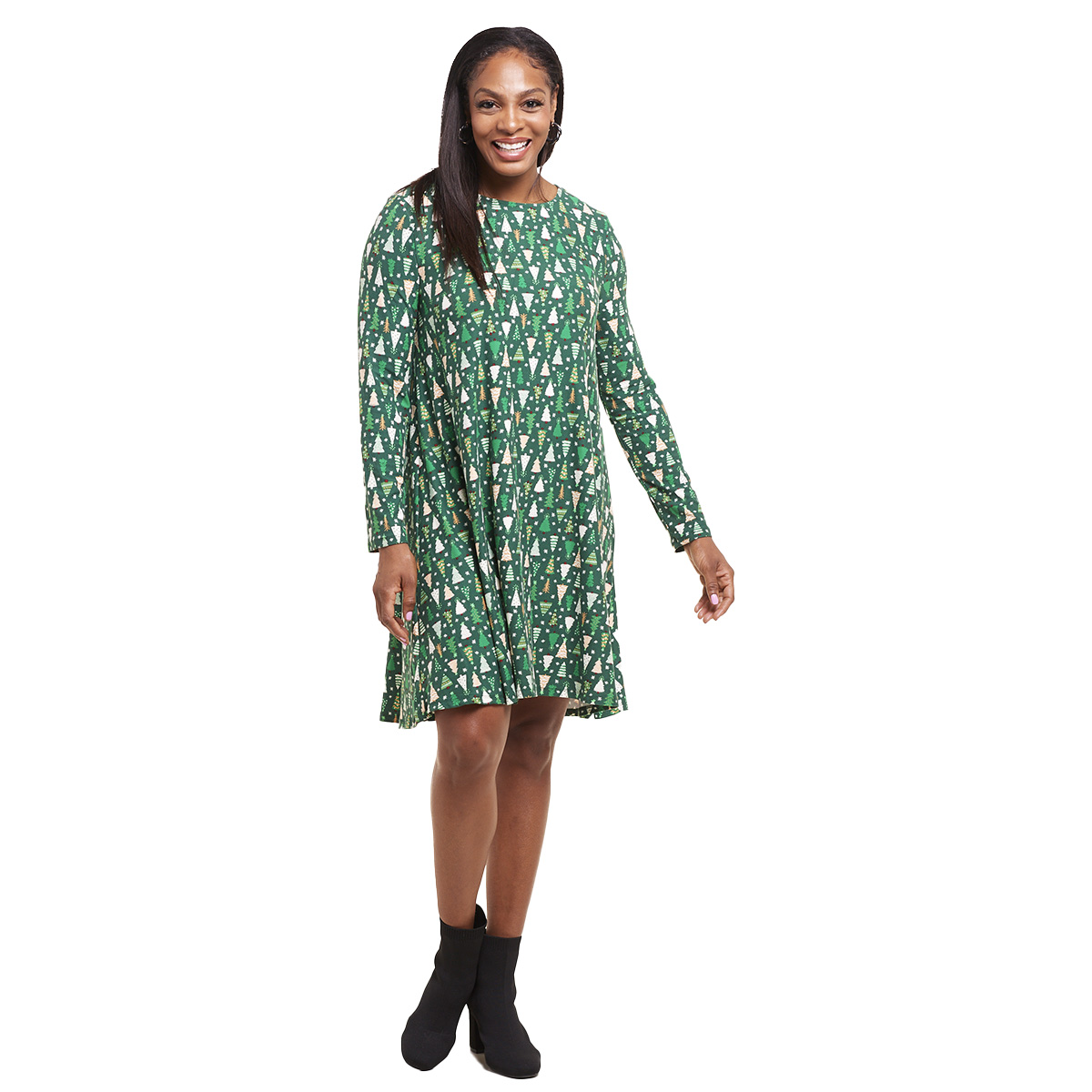 Petites Harlow & Rose Long Sleeve Christmas Trees Shift Dress