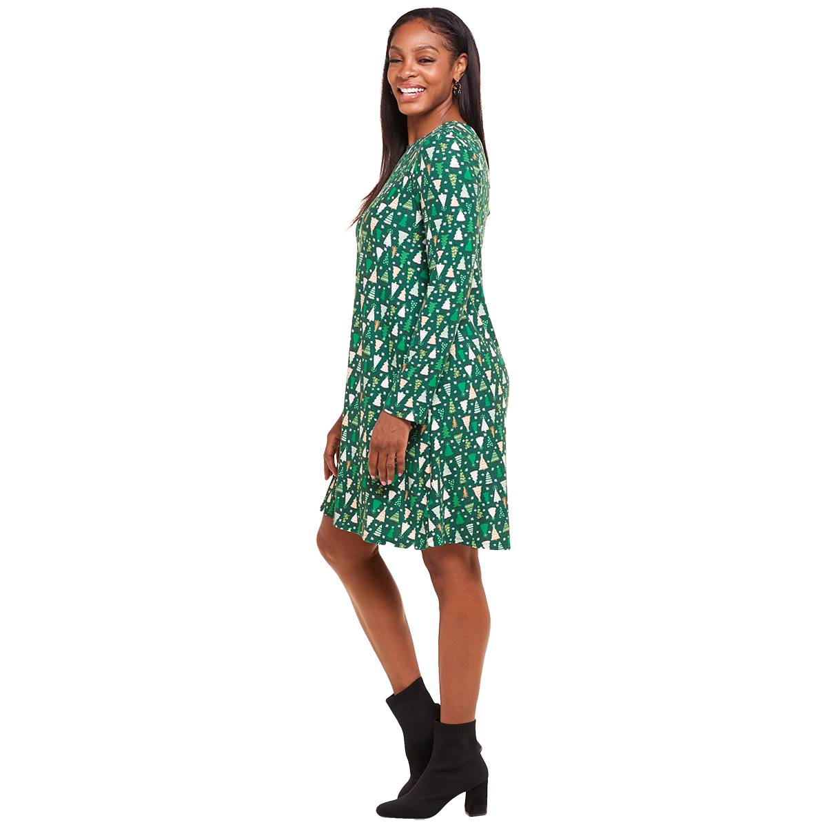 Petites Harlow & Rose Long Sleeve Christmas Trees Shift Dress