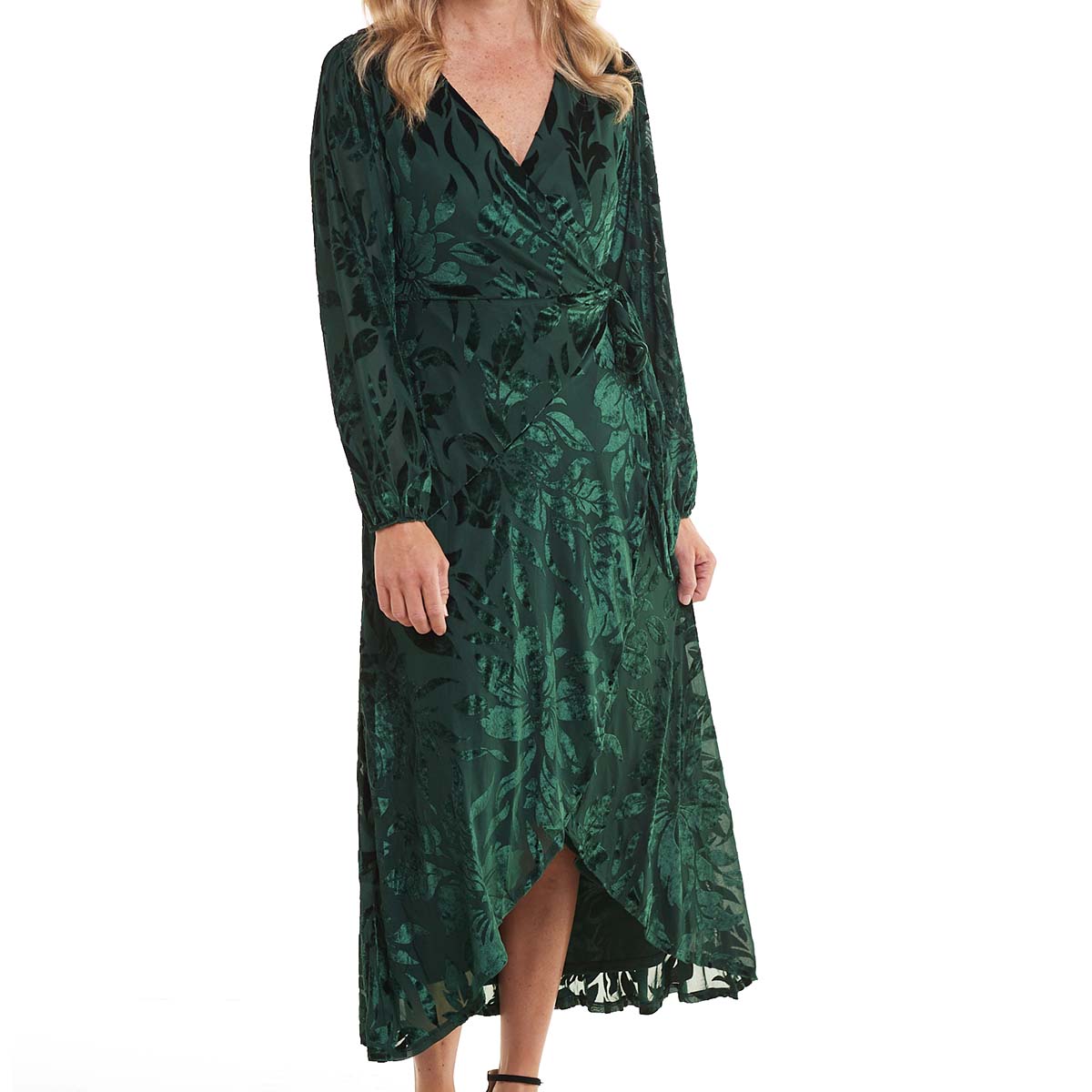 Womens Harlow & Rose Long Sleeve Burnout Velvet Wrap Dress