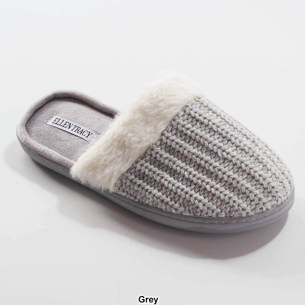 Womens Ellen Tracy Marled Knit Scuff Faux Fur Collar Slippers