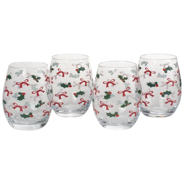 Home Essentials Bows & Holly Stemless Wine Glasses - Set of 4
