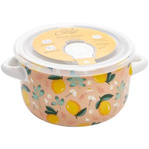 Home Essentials 25oz. Lemons Blush 2 Handle Bowl with Lid