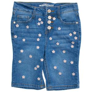Girls (7-16) Wallflower Denim Bermuda Shorts w/ Floral Embroidery