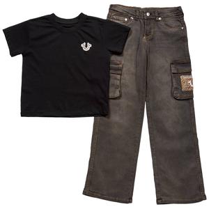 Girls(7-16) True Religion Leopard Logo Tee & Wide Leg Cargo Jeans