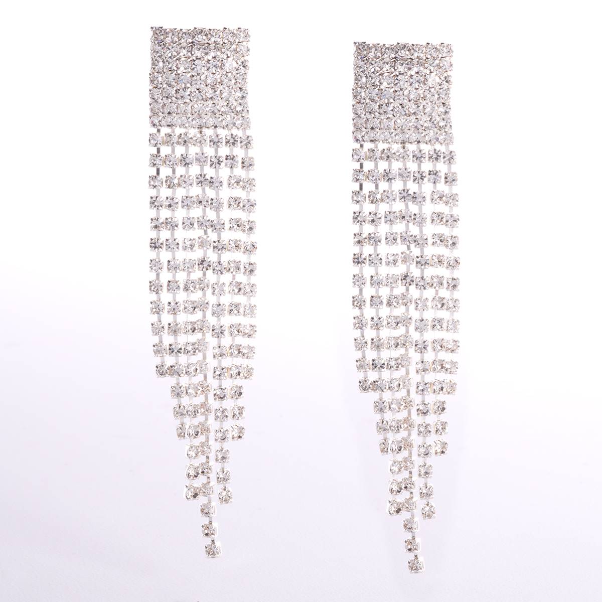 Rosa Rhinestones Silver Plated Square Stud Fringe Dangle Earrings