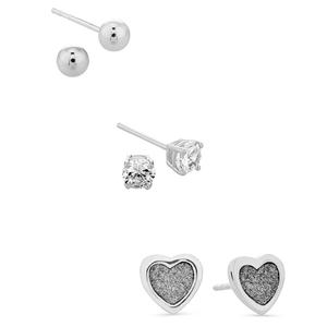 Forever New 3pr. Sterling Silver Heart, CZ, & Ball Earrings Set