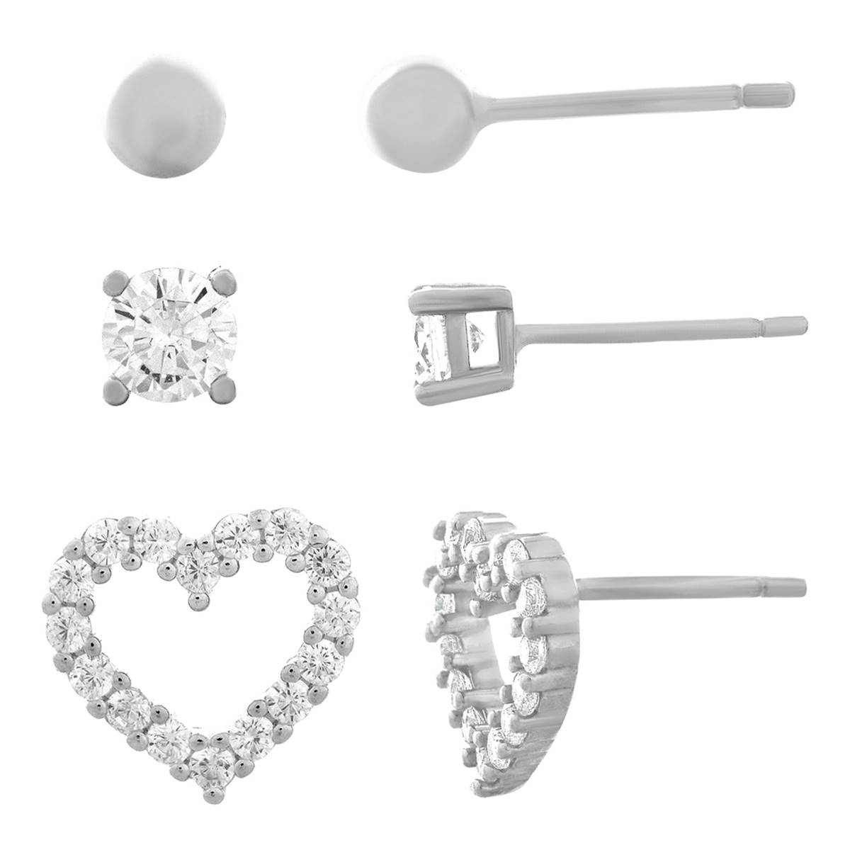 Forever New 3pr. Sterling Silver Ball CZ & Heart Earrings Set