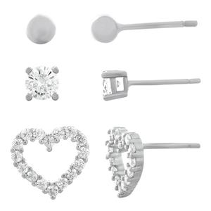 Forever New 3pr. Sterling Silver Ball CZ & Heart Earrings Set