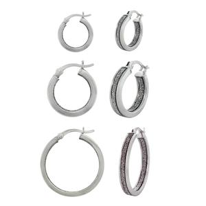 Forever New 3pr. Sterling Silver Glitter Hoop Earrings Set