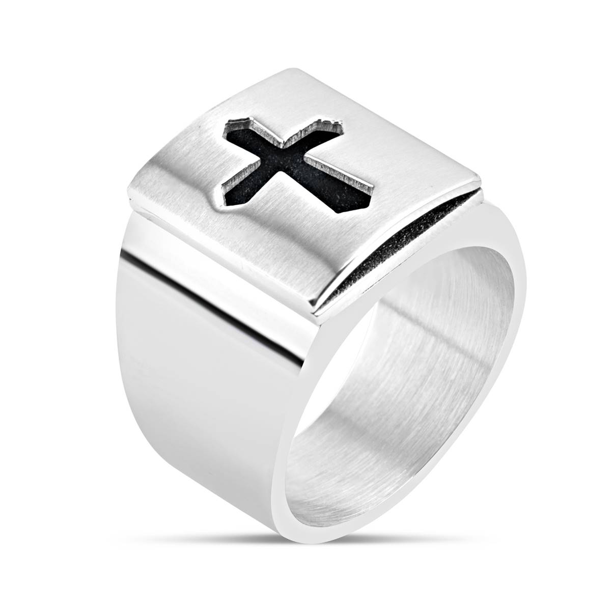 Mens Forever New Stainless Steel Carbon Fiber Cross Ring