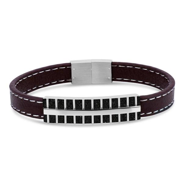 Mens Forever New Stainless Steel & Leather Black IP Bracelet