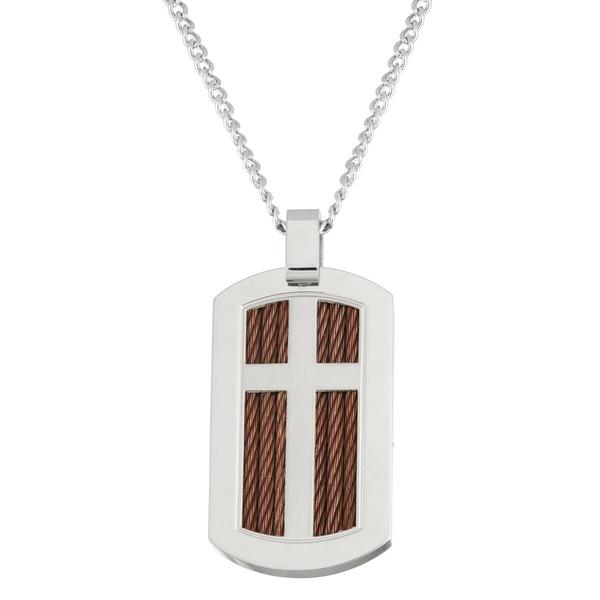 Mens Forever New Stainless Steel Cable Wire Cross Dog Tag Pendant