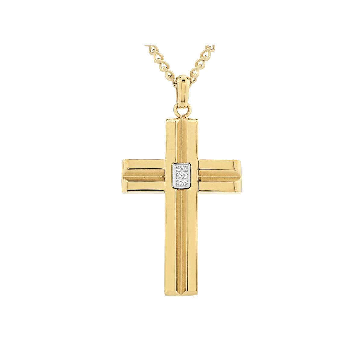 Mens Forever New Stainless Steel Gold IP CZ Cross Pendant