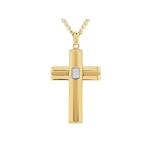 Mens Forever New Stainless Steel Gold IP CZ Cross Pendant