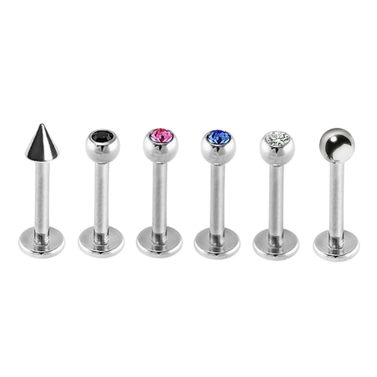 6pc. 16-Gauge Surgical Steel Jeweled Ball & Cone Labret Set