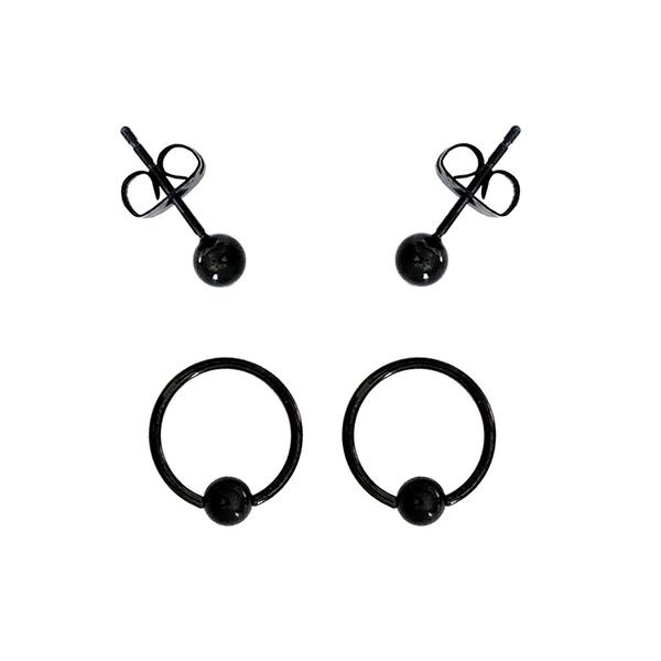 2pr. Black Surgical Steel Bead Ring & Ball Studs Earrings