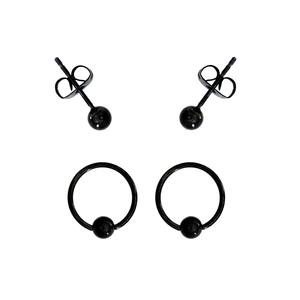 2pr. Black Surgical Steel Bead Ring & Ball Studs Earrings