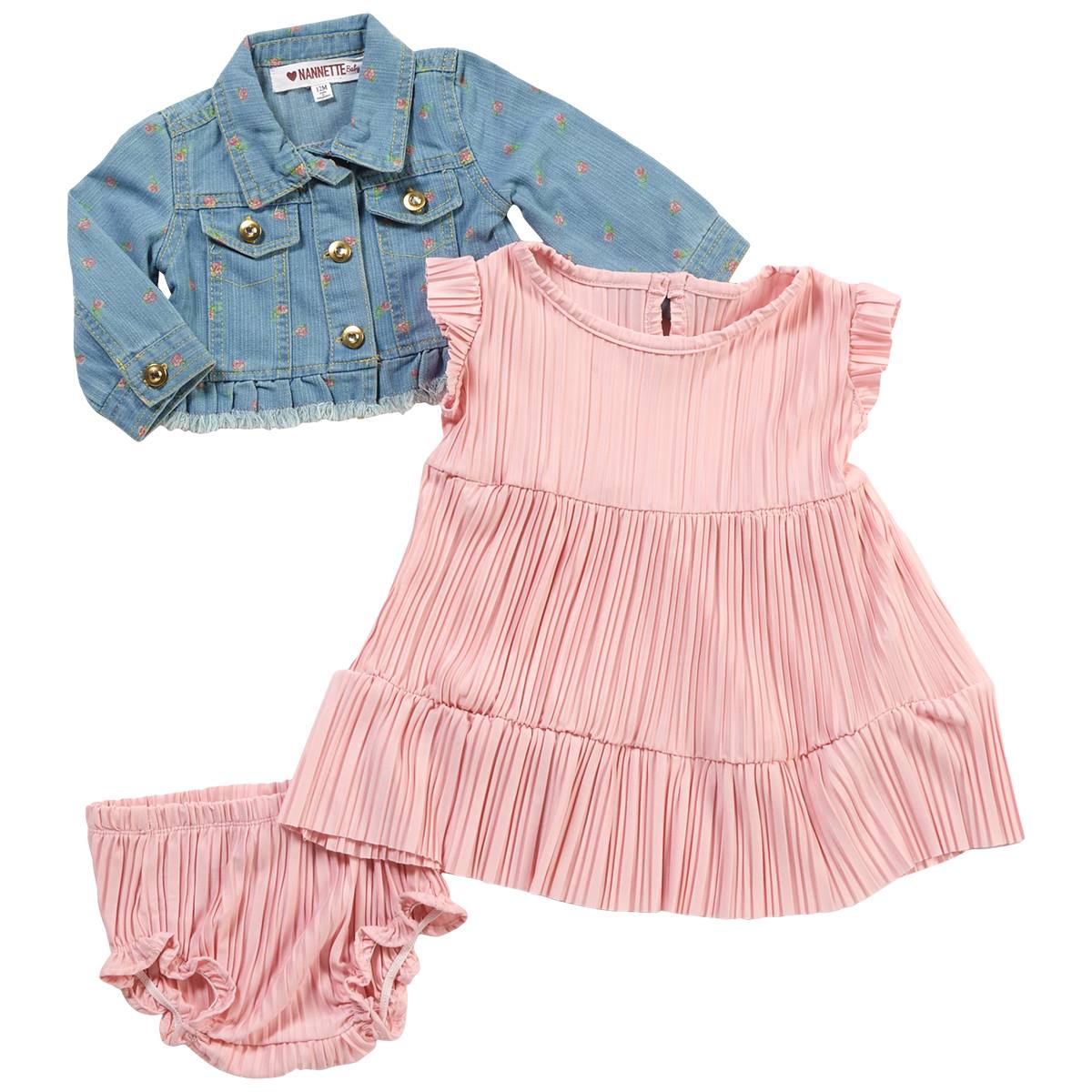 Baby Girl (12-24M) Nannette 3pc. Dress & Floral Denim Jacket Set
