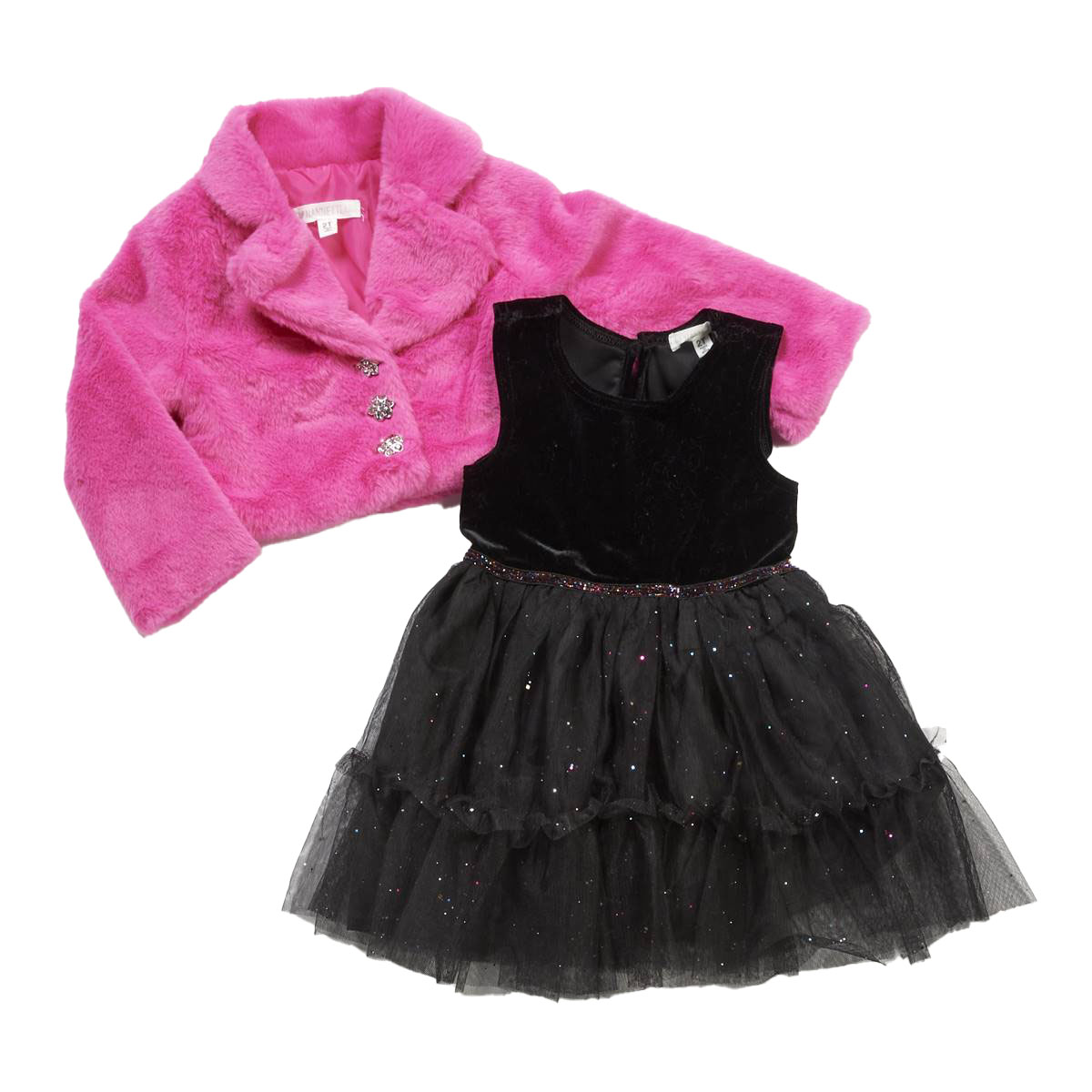 Toddler Girl Nannette Pink Fur Shrug & Rainbow Glitter Dress
