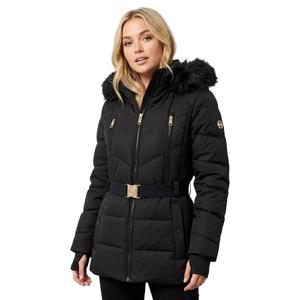 Womens Michael Kors Belted Puffer Coat with Faux Fur Hood