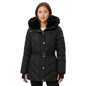 Womens Michael Kors Belted Puffer Coat with Faux Fur Collar