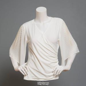 Womens MSK Chiffon Pearl Trim Cold Shoulder Elbow Sleeve Blouse alternate view