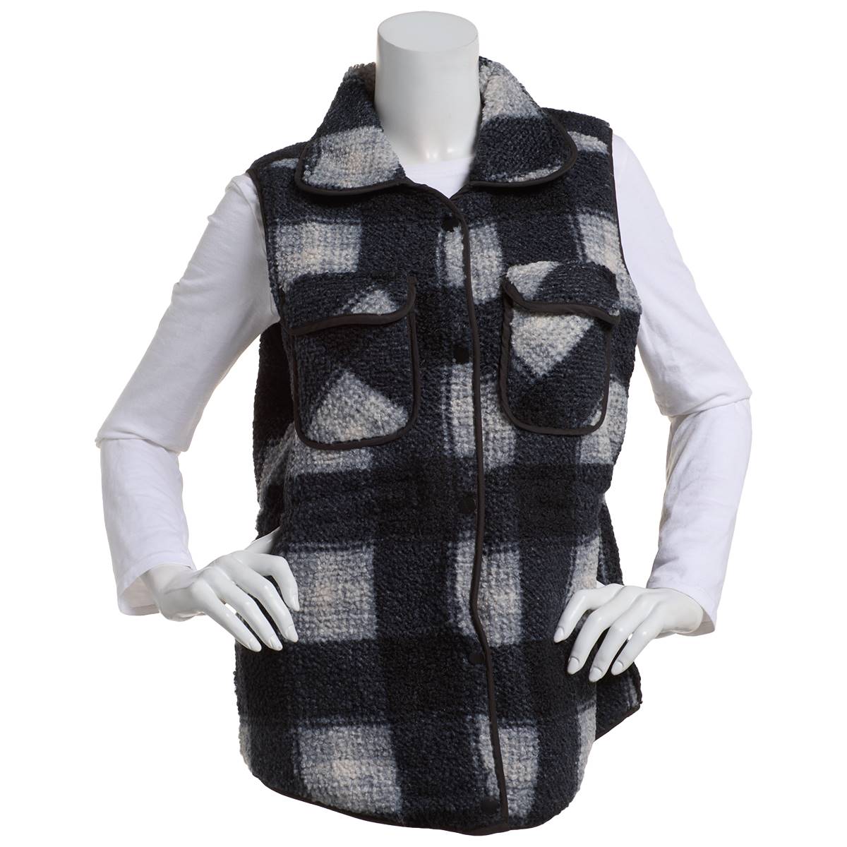 Womens Teez Her Snap Front Plaid Reversible Sherpa Vest