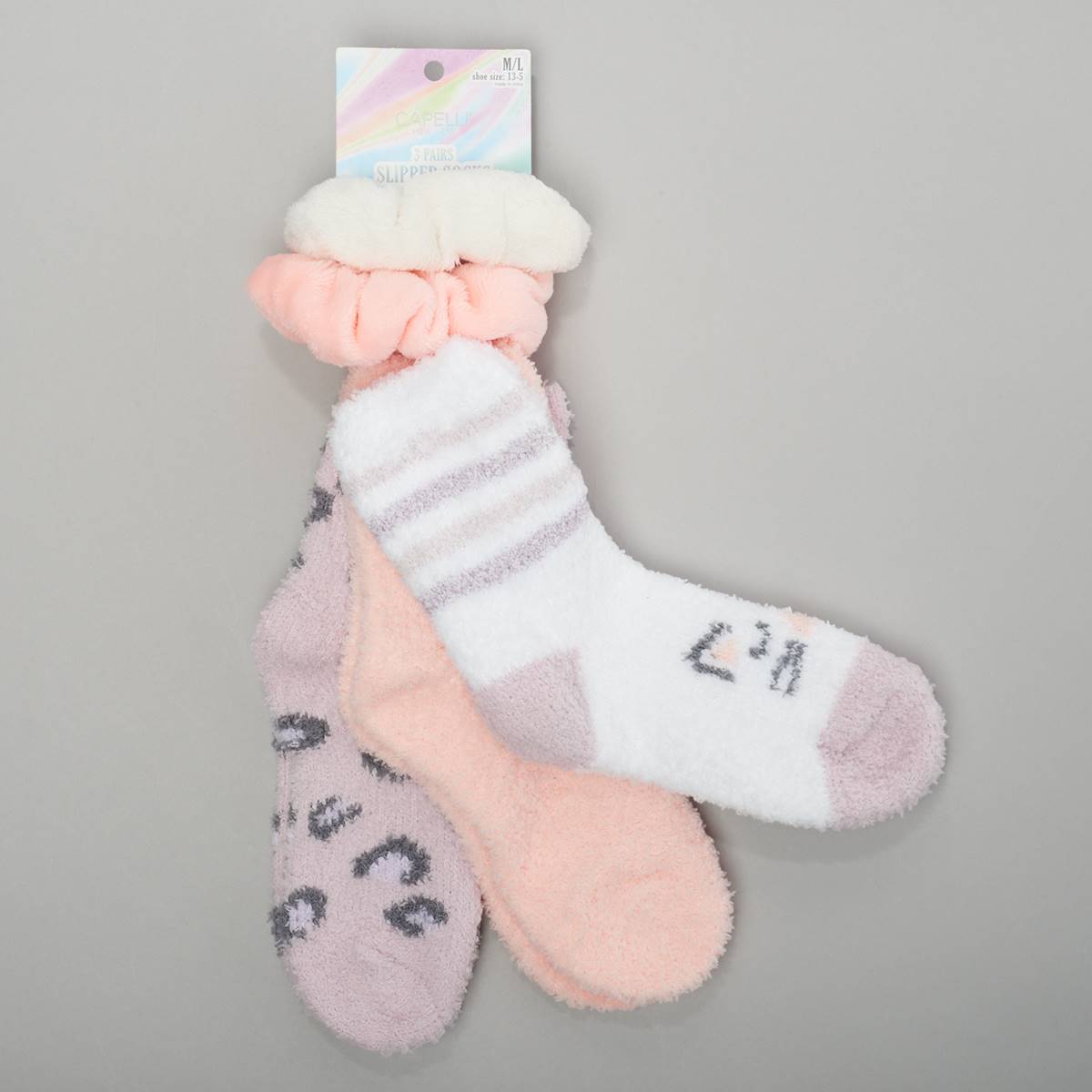 Girls Capelli(R) New York 3pk. Cat Cozy Socks With Fuzzy Scrunchies