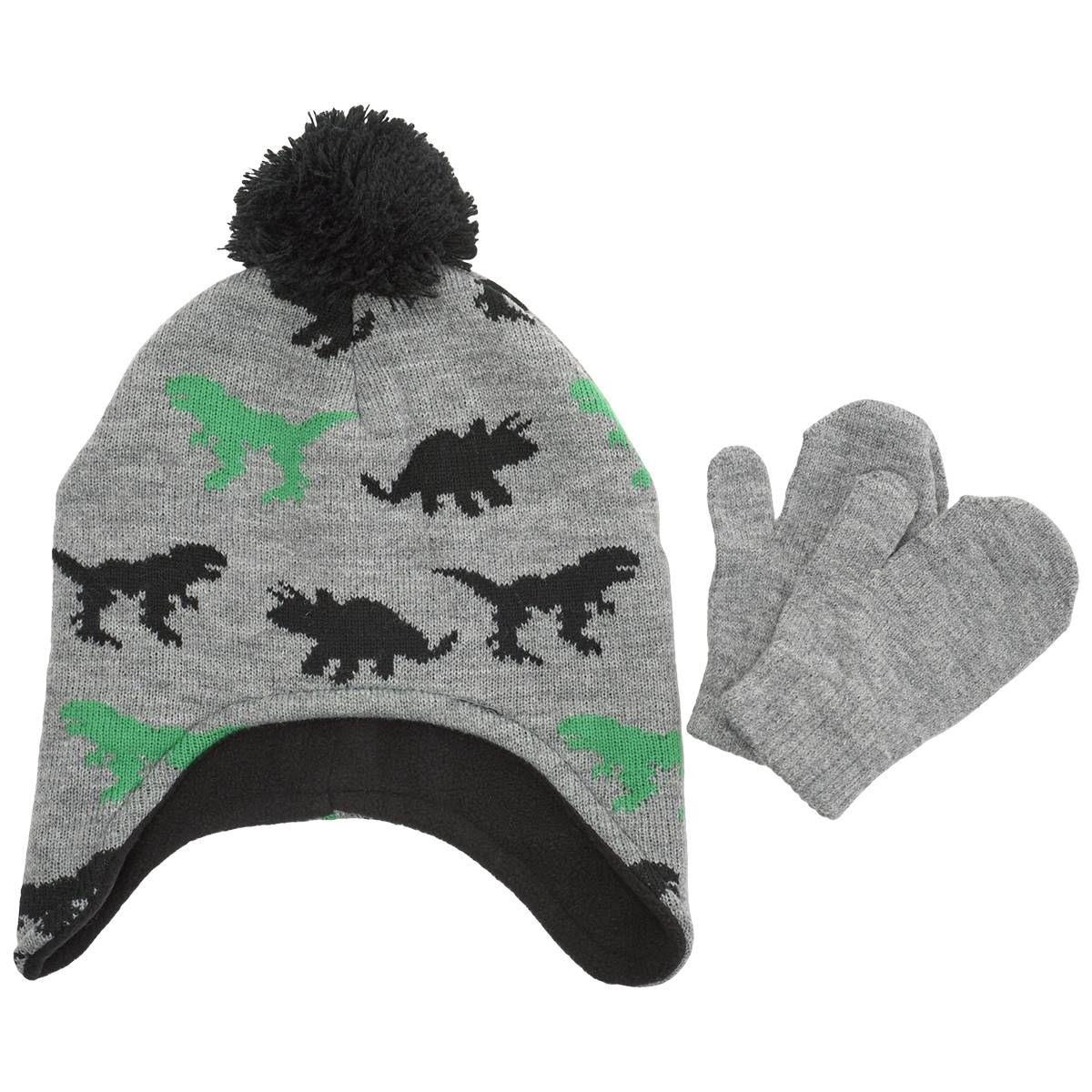 Toddler Boy Capelli(R) New York Dino Earflap Pom Pom Hat W/ Mittens