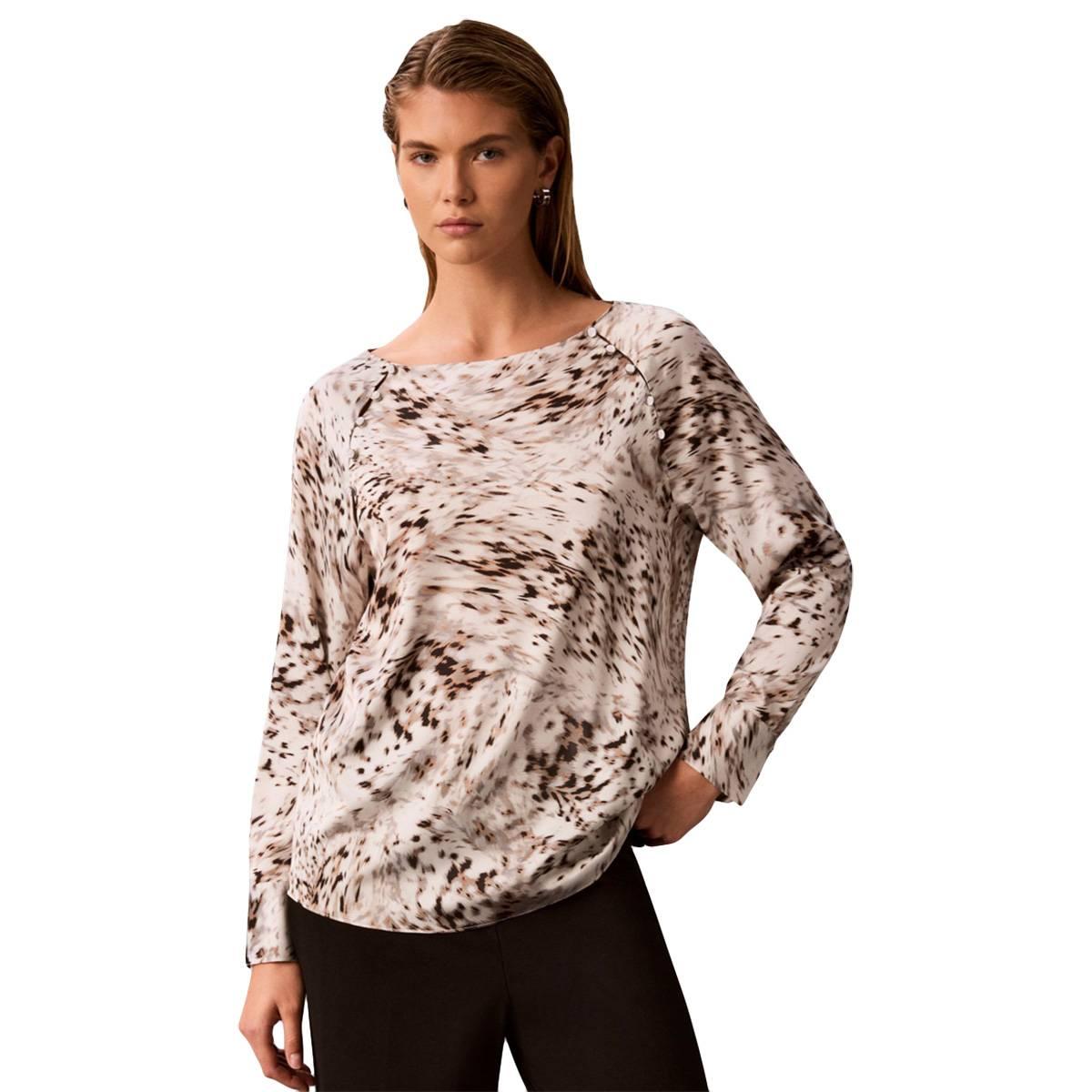 Calvin Klein Women's Boat Neck Button-Front Long-Raglan-Sleeve Blouse - Sea Salt Multi