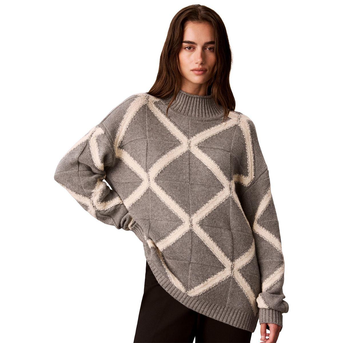 Calvin Klein Women's Grid-Stitch Mock Neck Sweater - Med Heather Grey/Seasalt