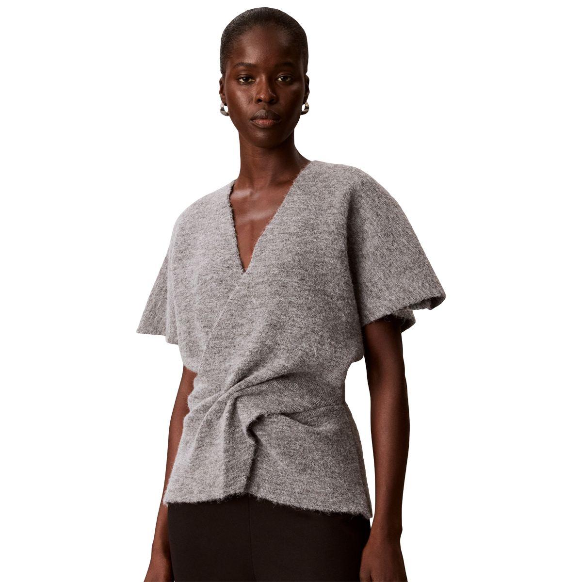 Calvin Klein Women's Twist-Knot V-Neck Short-Sleeve Fitted Sweater - Medium Heather Gray