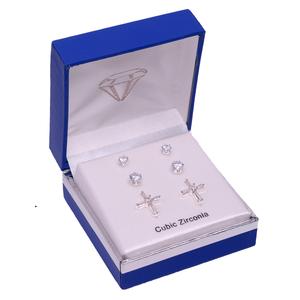 Silver-Tone CZ Cross & Stud Trio Earring Set