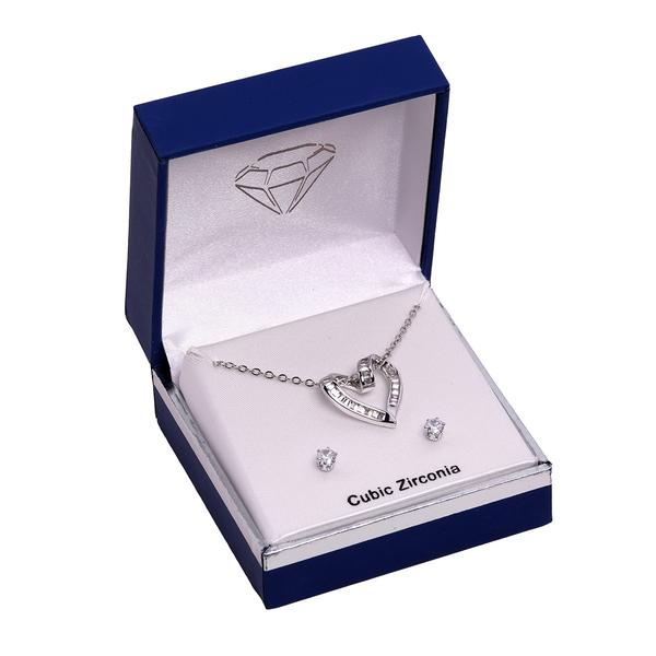 Silver-Tone CZ Looping Heart Pendant & Earring Set