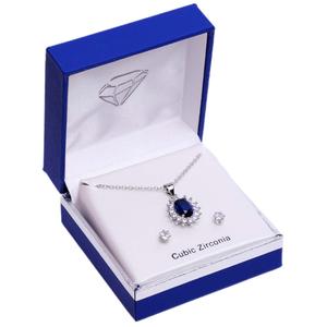 Silver-Tone CZ Blue Oval Pendant & CZ Earring Set