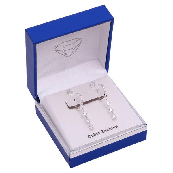 Silver-Tone CZ Huggie Hoop Top & 4mm Round CZ Earrings Set