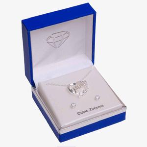 Silver-Tone CZ Mom Heart Pendant & Earring Set